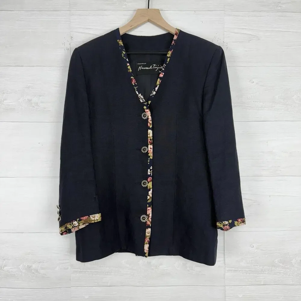 Hernando Trujillo Linen Blazer Jacket Women 8 Navy Floral‎ Trim Preppy Spring